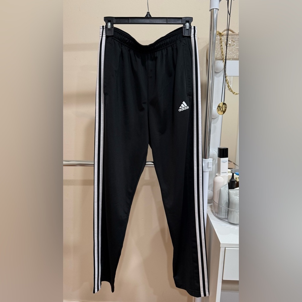 Adidas Black Track Pants with White Stripes – Unisex – Size M